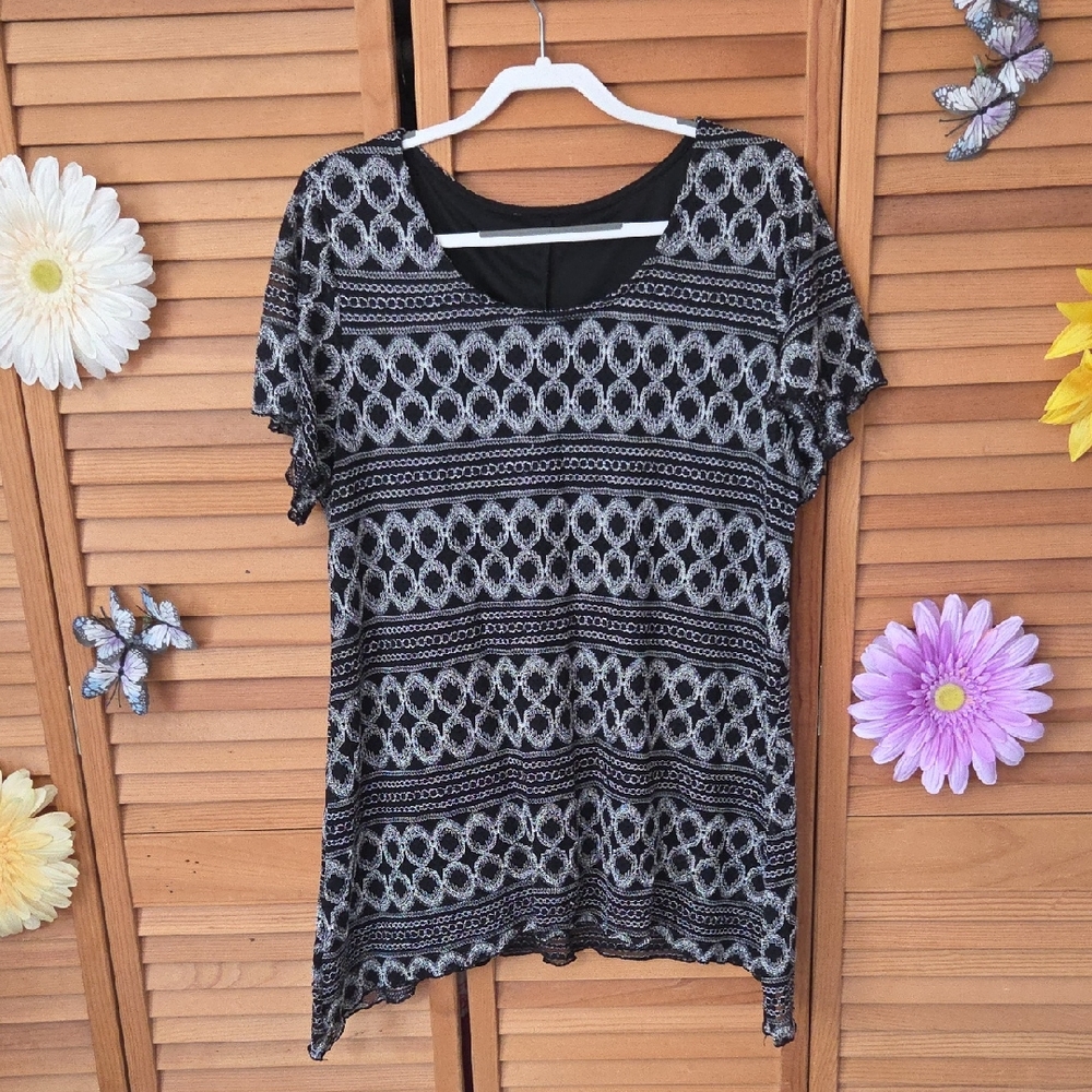 Woman Within Black & Gray Patterned Short Sleeve Tunic